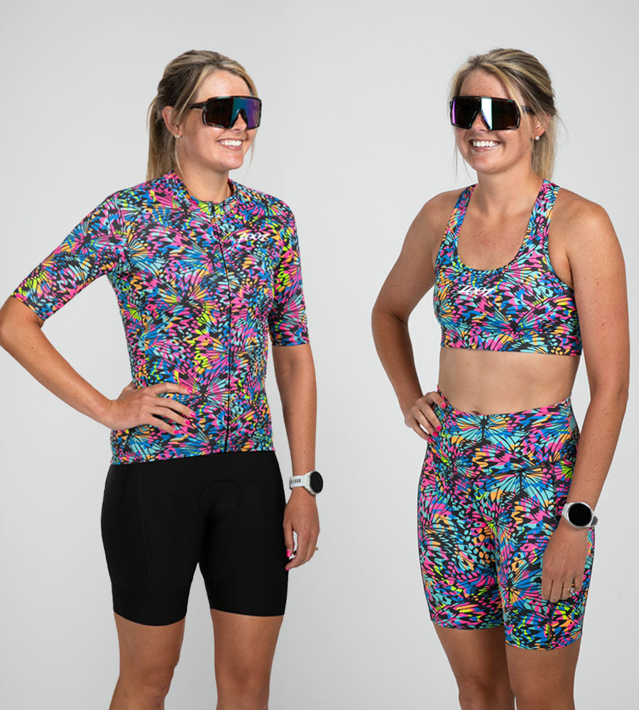 Female wearing Mariposa cycle kit and run outfit