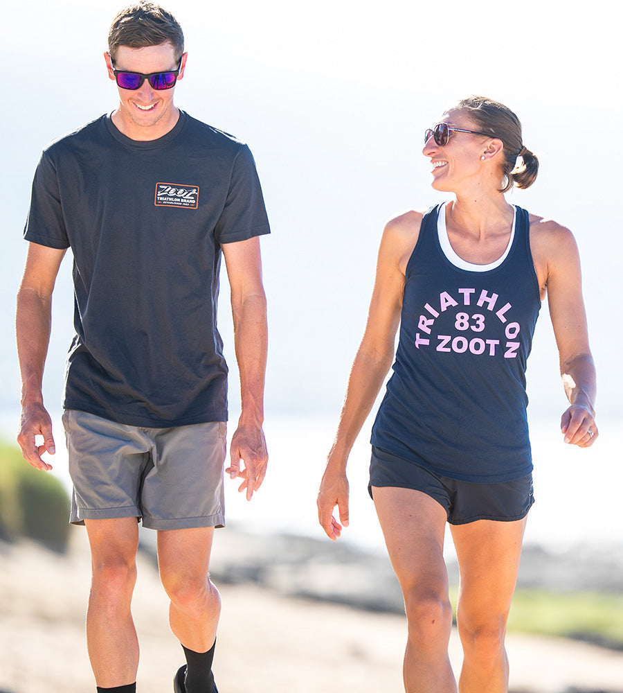 male and female walking in the new cotton collection tops