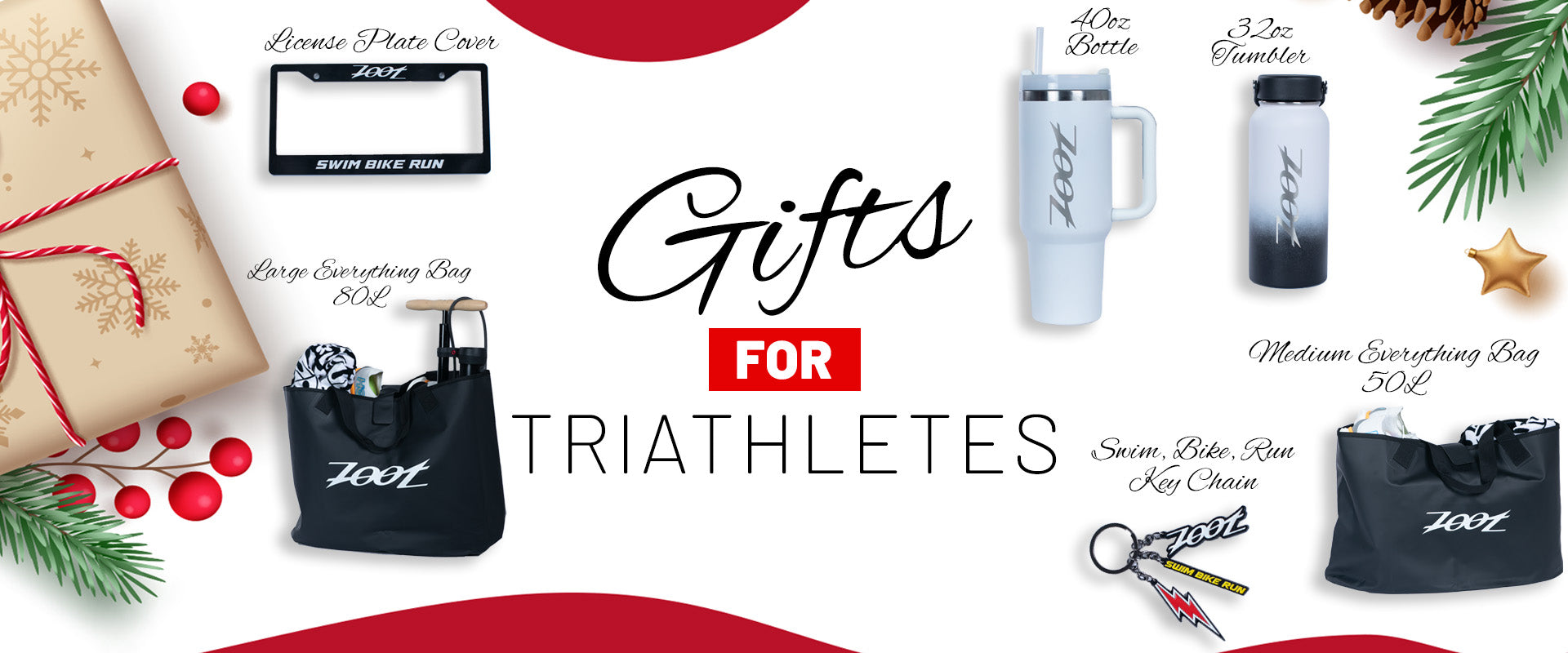 Gifts for triathletes with images of water bottles and bags